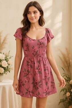 Exist Womens Floral Mini Dress Pink Ruffle Sleeve Scoop Neck Viscose Small NWT